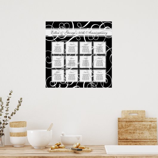Poster Black White Elegant Party 12 Table Seating Chart (Cuisine)