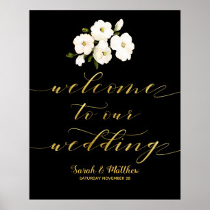 Poster Black White Floral Gold Welcome To Our Wedding