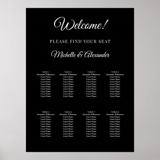 Poster Black white modern script wedding seating chart (Devant)