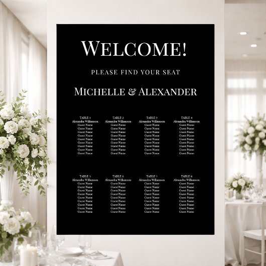 Poster Black white modern simple wedding seating chart