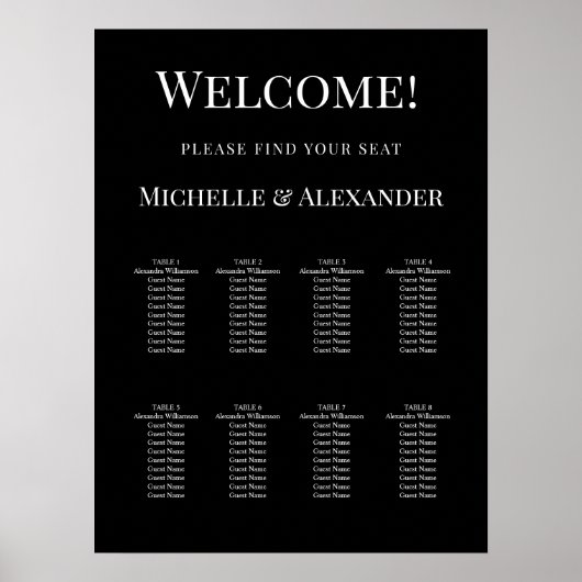 Poster Black white modern simple wedding seating chart (Devant)
