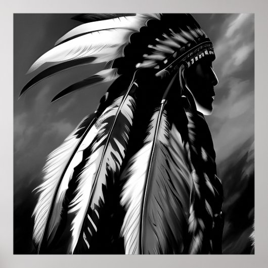 Poster Black White Native American Indian Man profil (Devant)