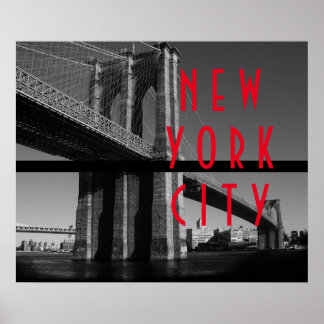 Poster Black White Red Brooklyn Bridge New York City