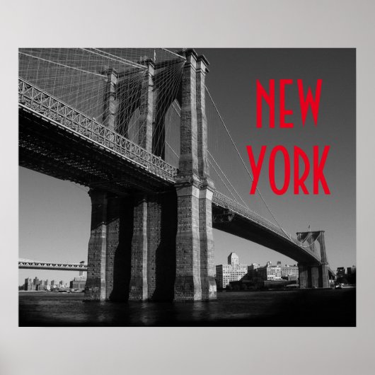 Poster Black White Red Brooklyn Bridge New York City (Devant)