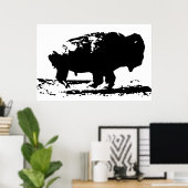 Poster Black & White Running Buffalo Silhouette Pop Art (Bureau à domicile)