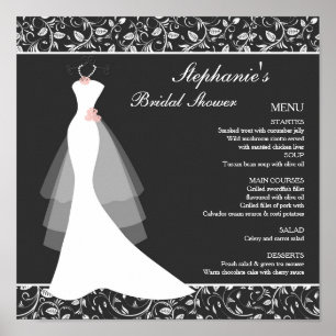 Poster Black white wedding gown, damask Menu