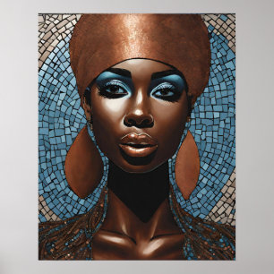 Poster Black Womens Blue Cuivre Mosaïque Visage mur Art