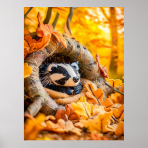 Poster Blaireau en feutre dans une forêt automnale