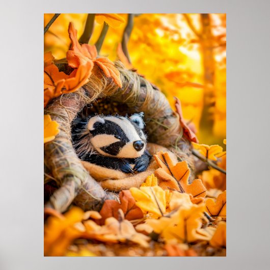 Poster Blaireau en feutre dans une forêt automnale (Devant)