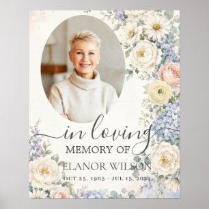 Poster Blanc Bleu Fleurs de deuil Photo Funéraire Mémoria