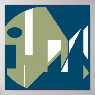 Poster Blanc d'olive sur Turquoise Art Abstrait Poisson D