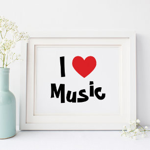 Poster Blanc et noir J'aime la musique Cœur rouge