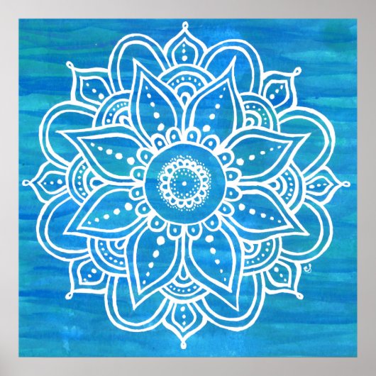 Poster Blanc Mandala Aquarelle Bleu Vert Vagues (Devant)