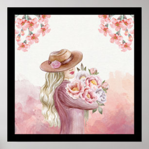 Poster blanc, rose aquarelle Vintage Lady beauté florale