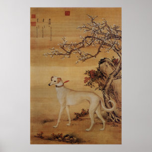 Poster Blanc Vintage Greyhound sous les Fleurs