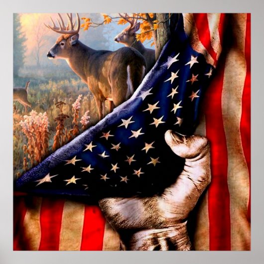 Poster Blanche Drapeau Américain De Cerf, (Devant)