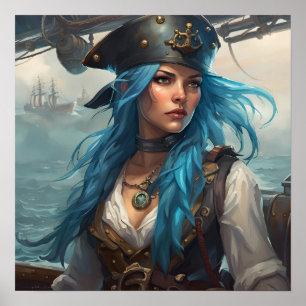 Poster - Blauwe Nautilus Piraat Pin-Up Meisje AI B