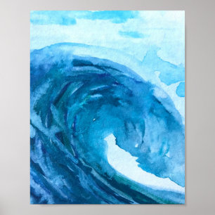 Poster Bleu abstrait Fun Aquarelle Art Waves Unique