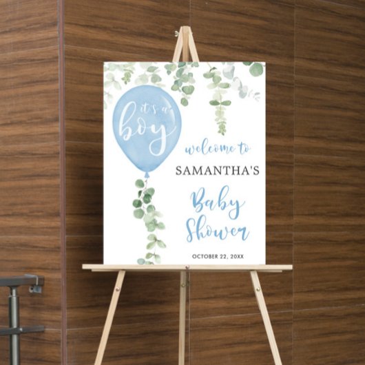 Poster Bleu baby shower eucalyptus signe de bienvenue