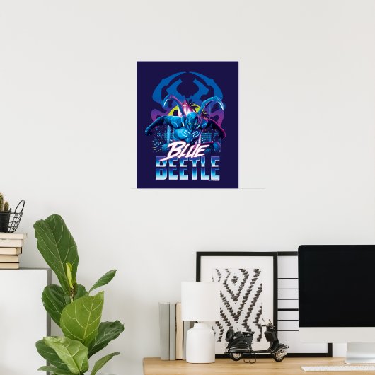Poster Bleu Beetle Rétrowave Ville coucher du soleil (Bureau à domicile)