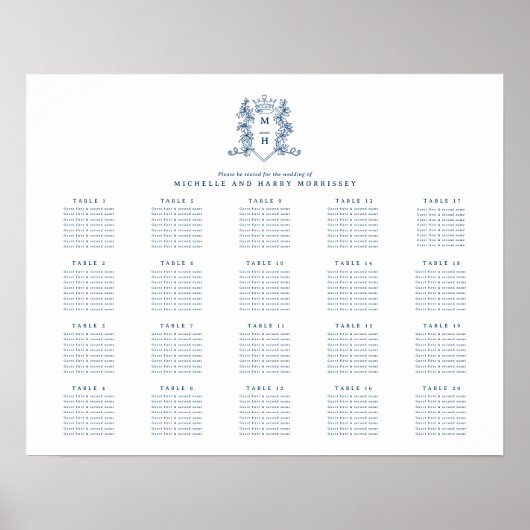 Poster Bleu blanc couronne mariage 20 table (Devant)