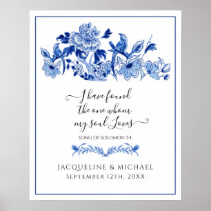 Poster Bleu Blanc Inséparables Chine Floral Bienvenue Mar