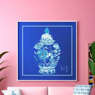 Poster Bleu Blanc Monogramme Élégant Ginger Jar