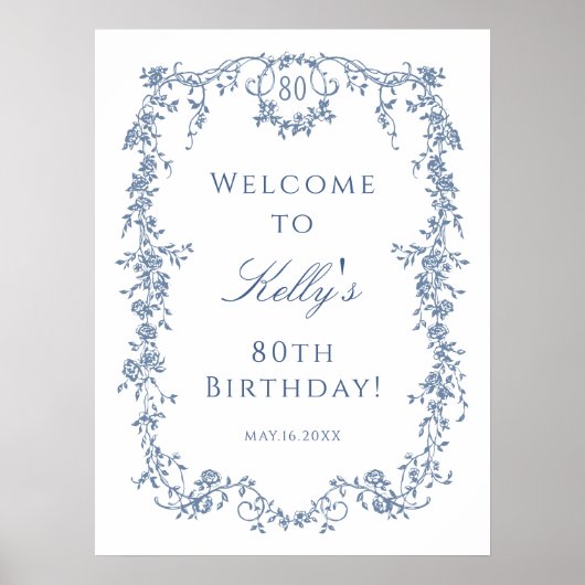 Poster Bleu bleu classique 80e fête d'anniversaire Bienve (Devant)