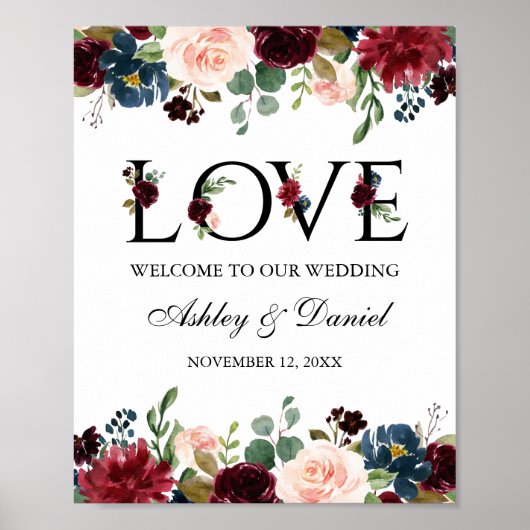 Poster Bleu Bourgogne Floral Amour Mariage Bienvenue (Devant)