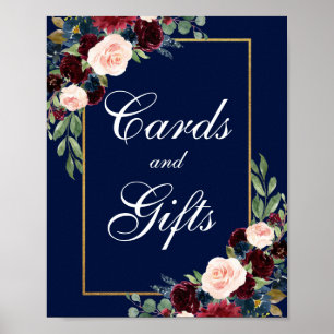 Poster Bleu Bourgogne Or Floral Cartes de mariage Cadeaux