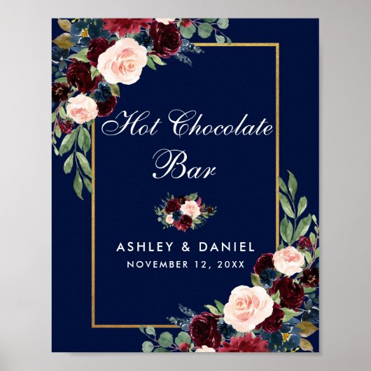 Poster Bleu Bourgogne Or Floral Mariage Chocolat chaud (Devant)