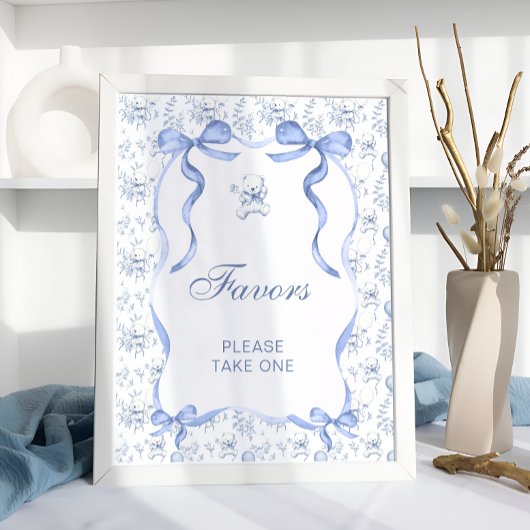 Poster Bleu Bow Toile Ours Baby shower Faveurs