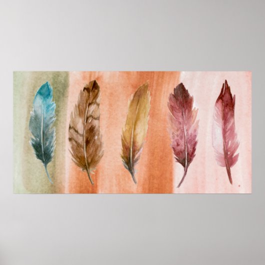 Poster Bleu Brown Plumes rouges Mur Art Imprimer (Devant)