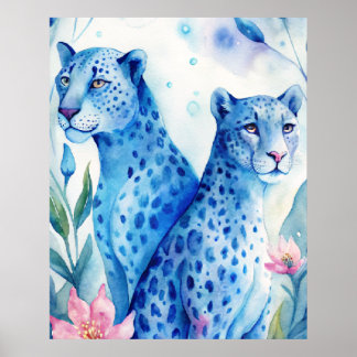 Poster Bleu Cheetahs Art Print, Décor Mur Aquarelle