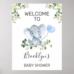 Poster Bleu Coeur Ballon Elephant Baby shower Bienvenue