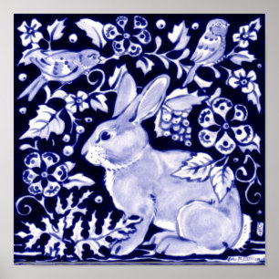 Poster Bleu de marine classique, Oiseaux de lapin blanc D