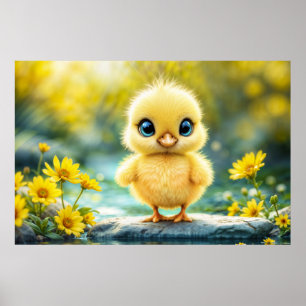 Poster Bleu de poulet moelleux jaune soleil - Oiseau aux