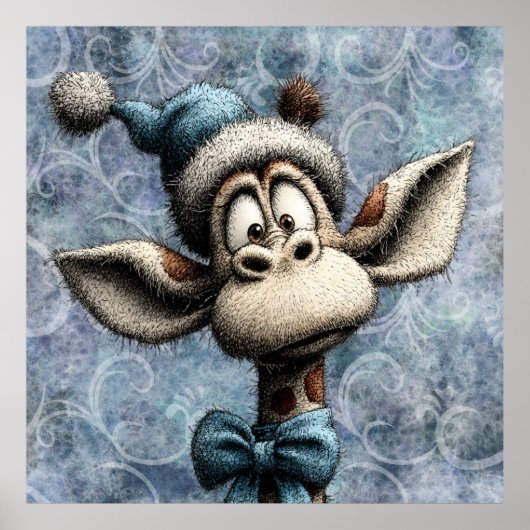 Poster Bleu d'hiver Noël Girafe Mignon Avec Chapeau (Devant)