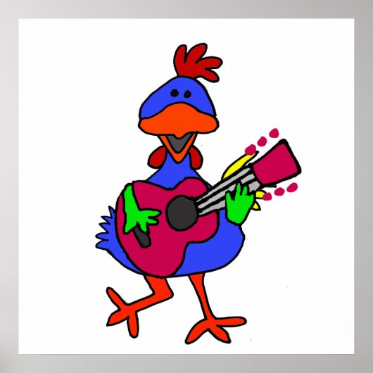 Poster Bleu Drôle Poulet Jouer Guitare Violette (Devant)