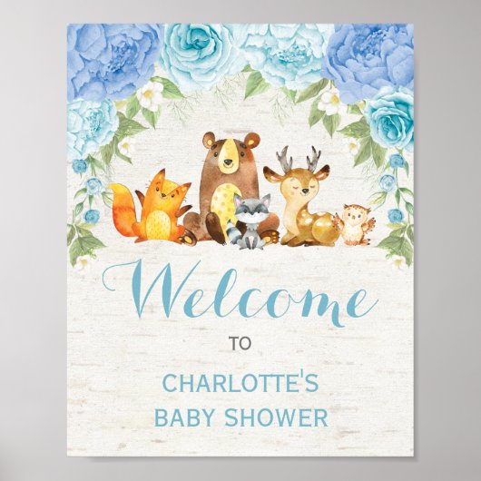 Poster Bleu Dusty Floral Forêt Animaux Bébé Garçon (Devant)