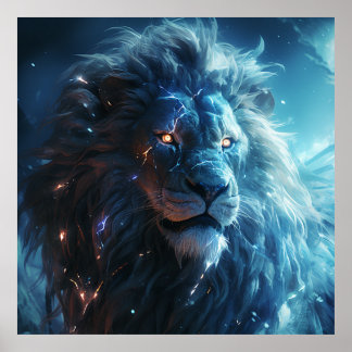 Poster Bleu éclair Lion visage Art