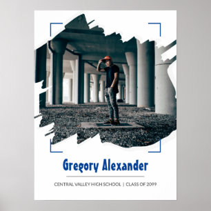 Poster Bleu Edgy Abstrait Brushstroke Photo Graduation