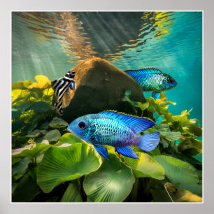 Poster Bleu électrique Acara Cichlids Zebra Pleco Poisson