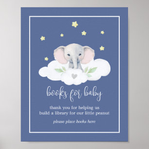 Poster Bleu éléphant Baby shower Signe Livres pour bébé