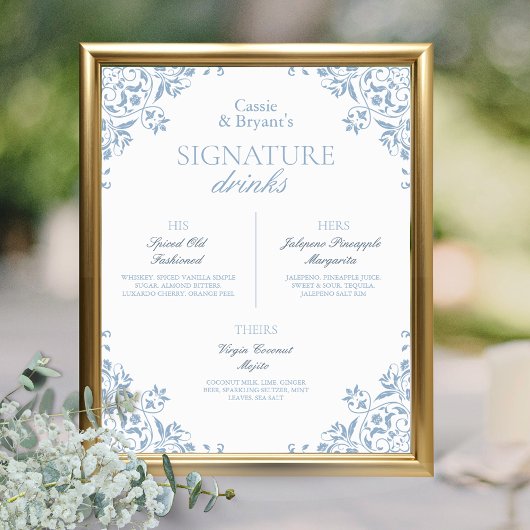 Poster Bleu et blanc Chic Mariage Signature Boissons