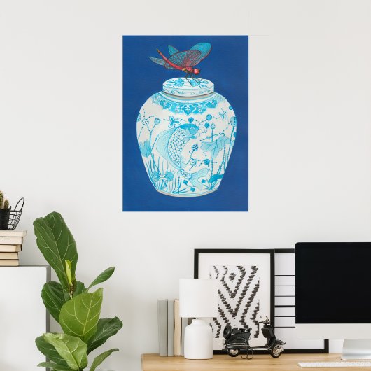 Poster Bleu et blanc gingembre jargon avec libellule (Bureau à domicile)