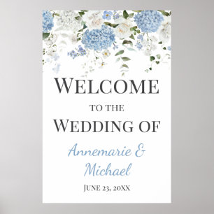 Poster Bleu et Blanc Hydrangeas Bienvenue à Notre Mariage