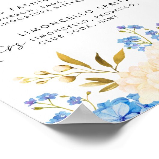 Poster Bleu et blanc Hydrangeas Mariage Signature Boisson (Coin)