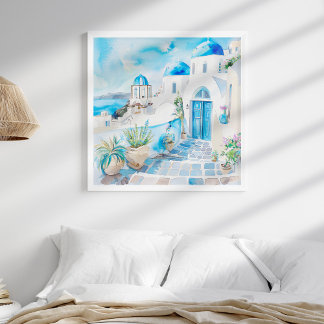 Poster Bleu et blanc Méditerranée Santorin Voyage Art