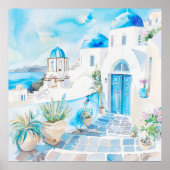 Poster Bleu et blanc Méditerranée Santorin Voyage Art (Devant)